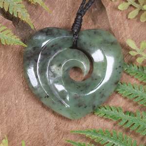 Pendants: NZ Greenstone Medium Koru Heart Pendant (BP597) Hapopo Pounamu