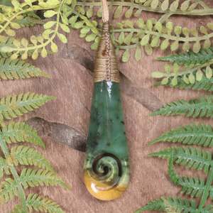 NZ Greenstone Medium Roimata with Koru Pendant (BW094) Flower Jade Pounamu