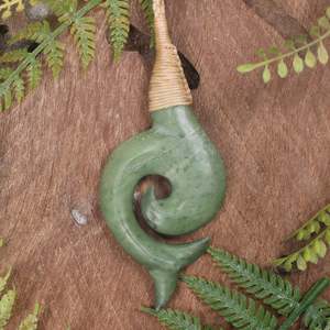 NZ Greenstone Large Whale Tail with Koru Pendant (BT436) Kawakawa Pounamu