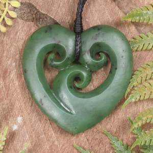 NZ Greenstone Medium Koru Heart Pendant (BN840) Hapopo Pounamu