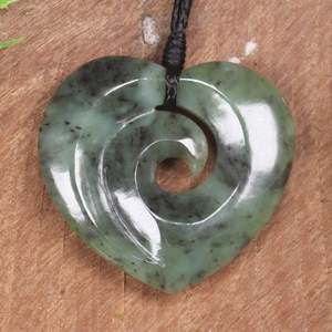 NZ Greenstone Medium Koru Heart Pendant (BP592) Hapopo Pounamu