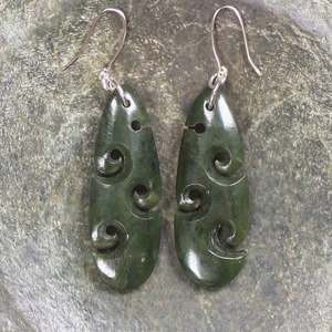 NZ Greenstone Medium Roimata with Koru Earrings (BW239) Rimu Pounamu
