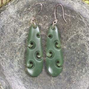 NZ Greenstone Medium Roimata with Koru Earrings (BW560) Hapopo Pounamu