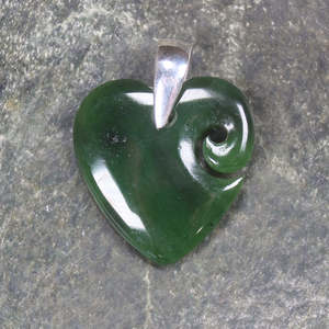 NZ Greenstone Sterling Silver Small Koru Heart Pendant (BM493) Kawakawa Pounamu