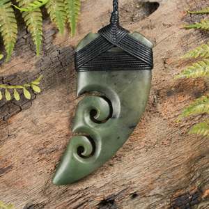NZ Greenstone Large Niho Taniwha Tooth with Koru Pendant (BT733) Rimu Pounamu