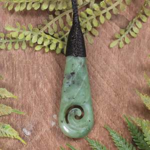 NZ Greenstone Medium Roimata with Koru Pendant (BW111) Hapopo Pounamu