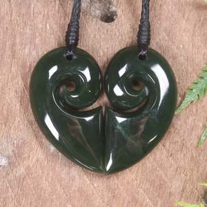 NZ Greenstone Small Matching Pair of Koru Heart Pendants (BP112) Kawakawa Pounamu