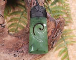 NZ Greenstone Large Toki with Koru Pendant (BC138) Hapopo Pounamu