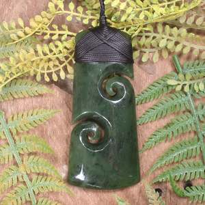 NZ Greenstone Large Toki with Koru Pendant (BT344) Hapopo Pounamu
