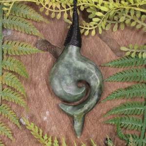 NZ Greenstone Large Whale Tail with Koru Pendant (BT437) Kawakawa Pounamu