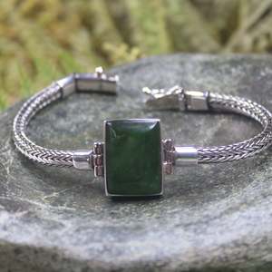 NZ Greenstone Sterling Silver Bracelet (BM415) Kawakawa Pounamu