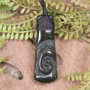 NZ Greenstone Small Toki with Koru Pendant (BX162) Rimu Pounamu