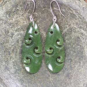 NZ Greenstone Medium Roimata with Koru Earrings (BW574) Hapopo Pounamu
