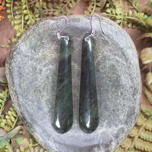 NZ Greenstone Large Roimata Earrings (BX324) Rimu Pounamu