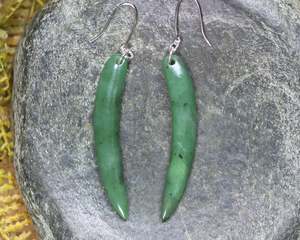 NZ Greenstone Medium Huia Beak Earrings (BK871) Hapopo Pounamu