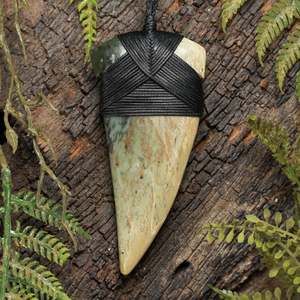 NZ Greenstone Large Niho Taniwha Tooth Pendant (BW165) Flower Jade Pounamu