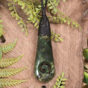 NZ Greenstone Medium Roimata with Koru Pendant (BW905) Rimu Pounamu