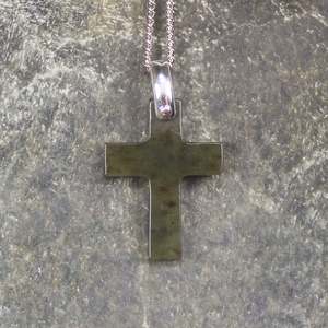 NZ Greenstone Sterling Silver Small Cross Pendant (BW693) Rimu Pounamu