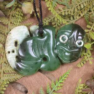 NZ Greenstone XLarge Hei Tiki Pendant (BX065) Hapopo Pounamu