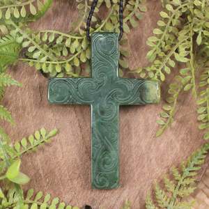 NZ Greenstone Large Cross Pendant (CA360) Flower Jade Pounamu
