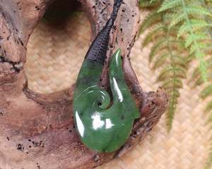 NZ Greenstone Large Hei Matau Pendant (AW973) Hapopo Pounamu