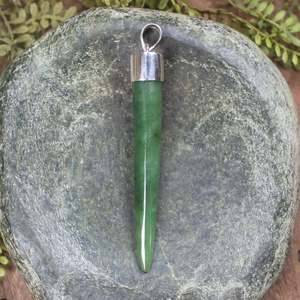NZ Greenstone Sterling Silver Large Niho Taniwha Tooth Pendant (BM322) Hapopo Pounamu