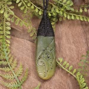 NZ Greenstone Medium Roimata with Koru Pendant (BX652) Flower Jade Pounamu