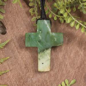 NZ Greenstone Medium Cross Pendant (BP665) Flower Jade Pounamu