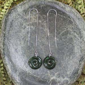 Earrings: NZ Greenstone Koru Thread Earrings (CA486) Kawakawa Pounamu