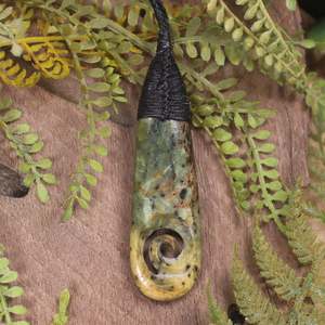 NZ Greenstone Medium Roimata with Koru Pendant (BX945) Flower Jade Pounamu