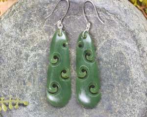 NZ Greenstone Small Roimata with Koru Earrings (BH981) Hapopo Pounamu