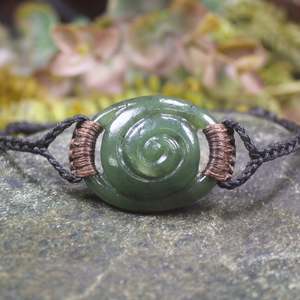 NZ Greenstone Adjustable Cord Koru Bracelet (CA242) Hapopo Pounamu