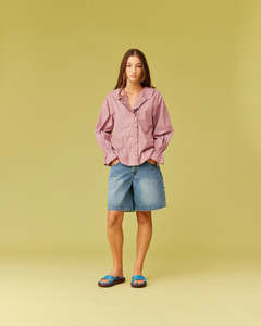 New Womens: RUBY Sandler Ruffle Shirt | Firewhirl Brown Stripe