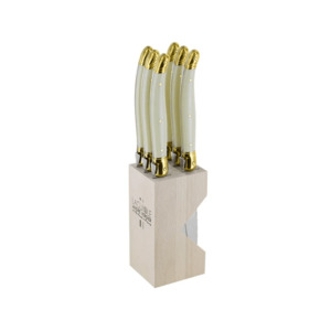 Andre Verdier Laguiole Debutant Steak Knife Block Set of 6 Ivory & Brass