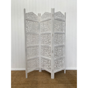 Bedroom: 3 Panel Carved Screen Whitewash