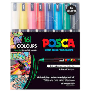 Uni Posca Marker 0.7mm Ultra-Fine Pin Tip 16 Pack Assorted PC-1MR