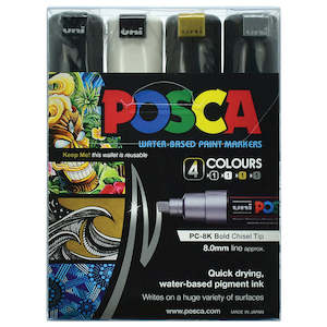 Uni: Uni Posca Marker 8.0mm Bold Chisel 4 Pack Black White Gold Silver PC-8K