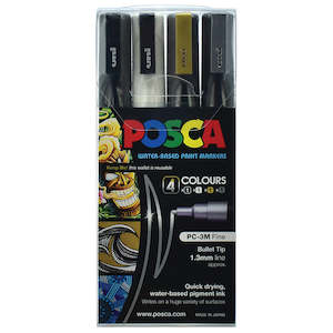 Uni: Uni Posca Marker 0.9-1.3mm Fine 4 Pack Black White Gold Silver PC-3M