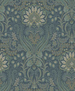 Damask Wallpaper: Tahini Damask Bead Wallpaper - Blue