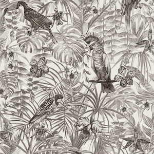 Instock Wallpaper: Jungle Parrots Wallpaper - Black + White - Discontinuing