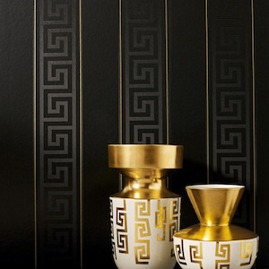 Versace: Versace Greek Key Stripe Wallpaper  - Black/Gold