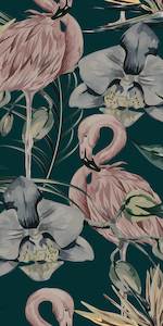 Tropical Shore Flamingo Hybrid Mural - Deep Green