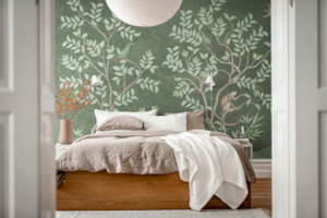 White Wallpaper: Monkey Paradise - Sage Green - Custom Sized Wallpaper Mural (per m2)