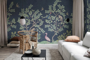 White Wallpaper: Monkey Paradise - Navy Blue - Custom Sized Wallpaper Mural (per m2)