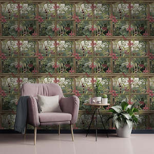 Sample - Comoro - Window Trailing Floral Wallpaper - Light Wood