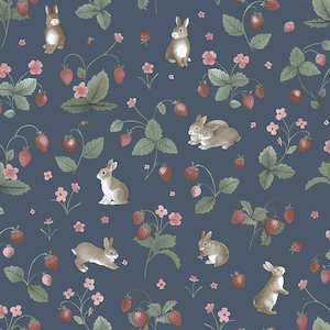 Stripe Wallpaper: Bunnies & Berries Wallpaper - Navy