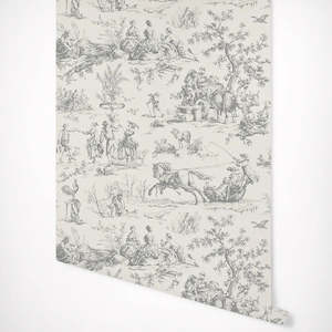 Vintage Toile Wallpaper - Grey/White