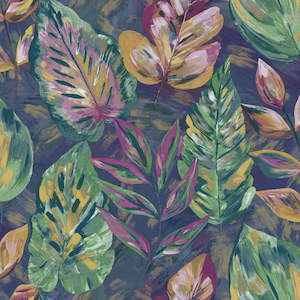 Patagonia: Sample - Aralia - fabric effect foliage Wallpaper - Navy/Pink- Discontinuing