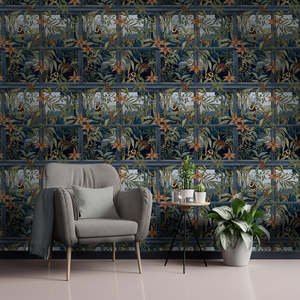 Sample - Comoro - Window Trailing Floral Wallpaper - Navy