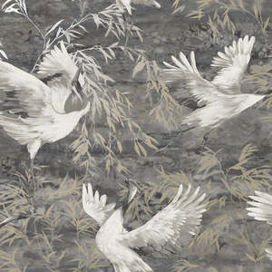 Patagonia: Sample - Sarus - Cranes Asian Watercolour Wallpaper - Charcoal- Discontinuing